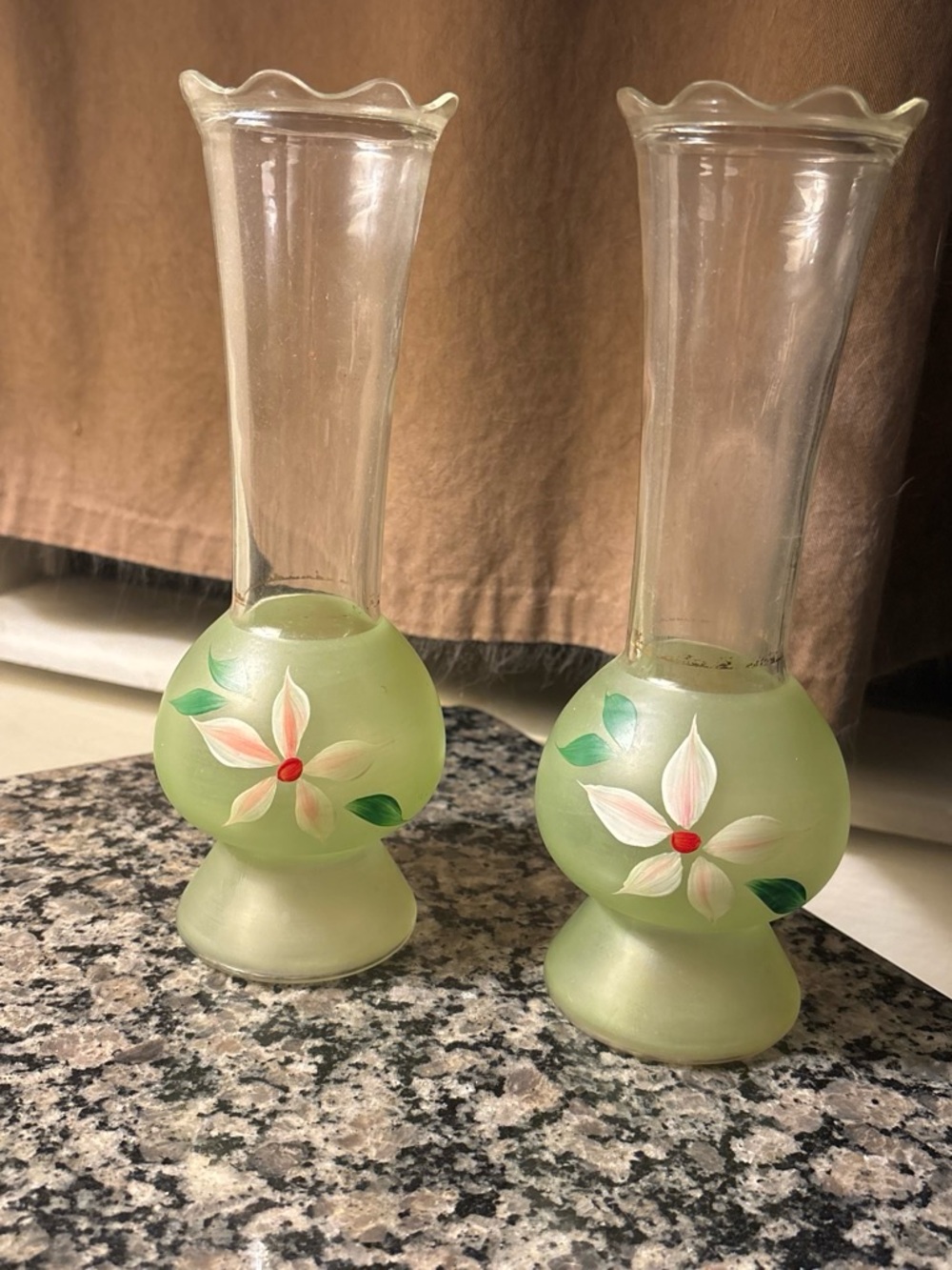 Hand-Painted Green Floral Glass Vases - Set of 2